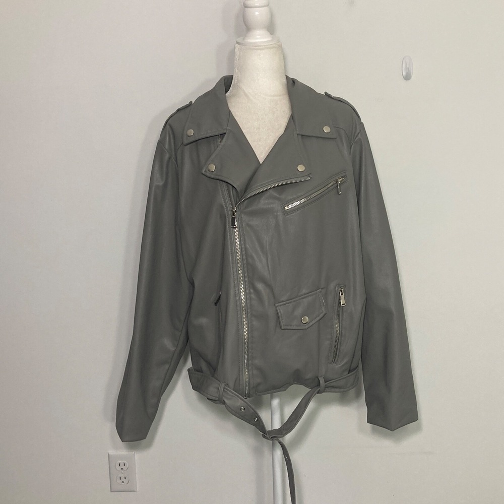 Miss London Black Label Womens Moto Jacket 2X Gray Vegan Leather Biker Y2K